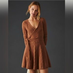 Anthropologie Cable-Knit Wrap Mini Dress in Chocolate Brown
